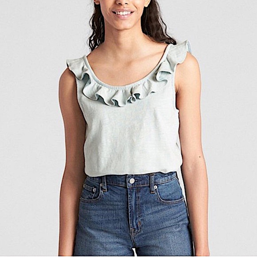 GAP ruffle shoulder tank top blue size small